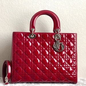 Christian Dior Cannage Lady Dior Large Patent Leather Tote Handbag With Strap